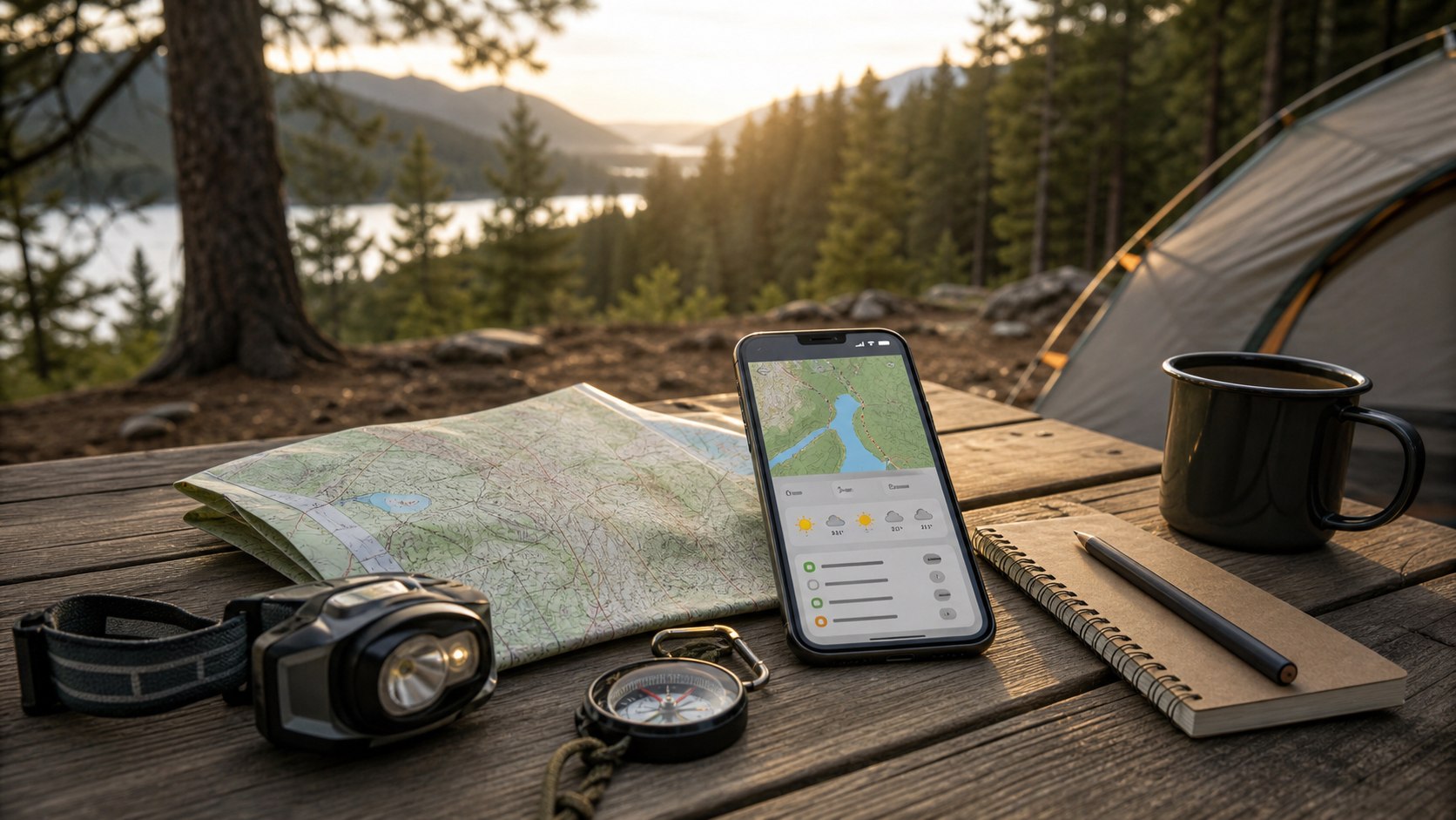 Smartphone with camping maps and weather planning tools on a campsite table