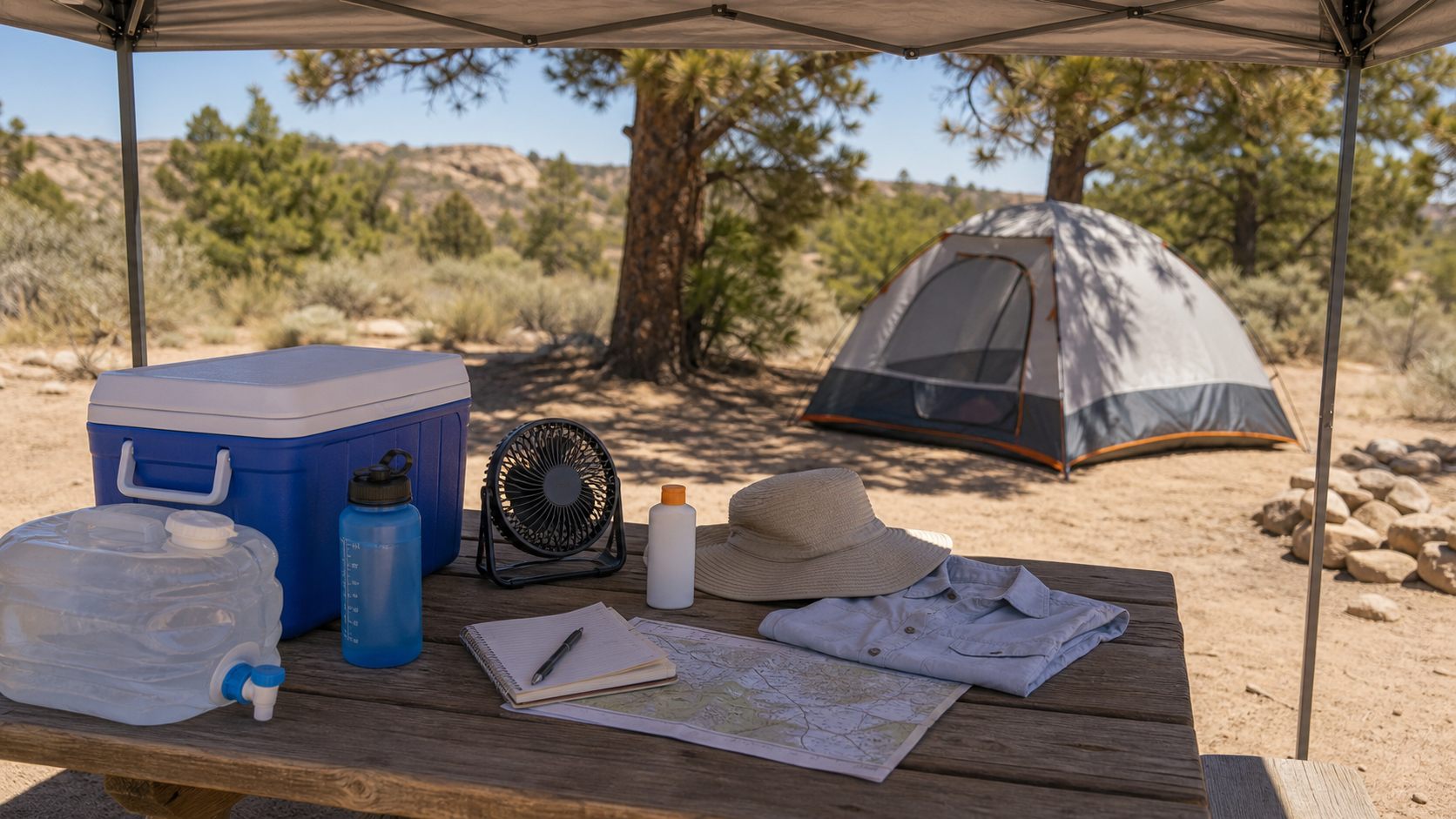 Hot-weather campsite with a shade canopy, water containers, cooler, fan, hat, checklist and tent in a dry campground