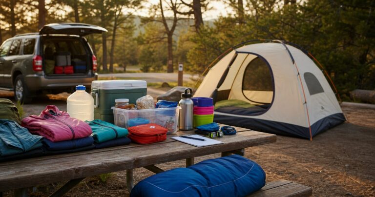 Organized family camping gear on a picnic table beside a tent at a developed campground