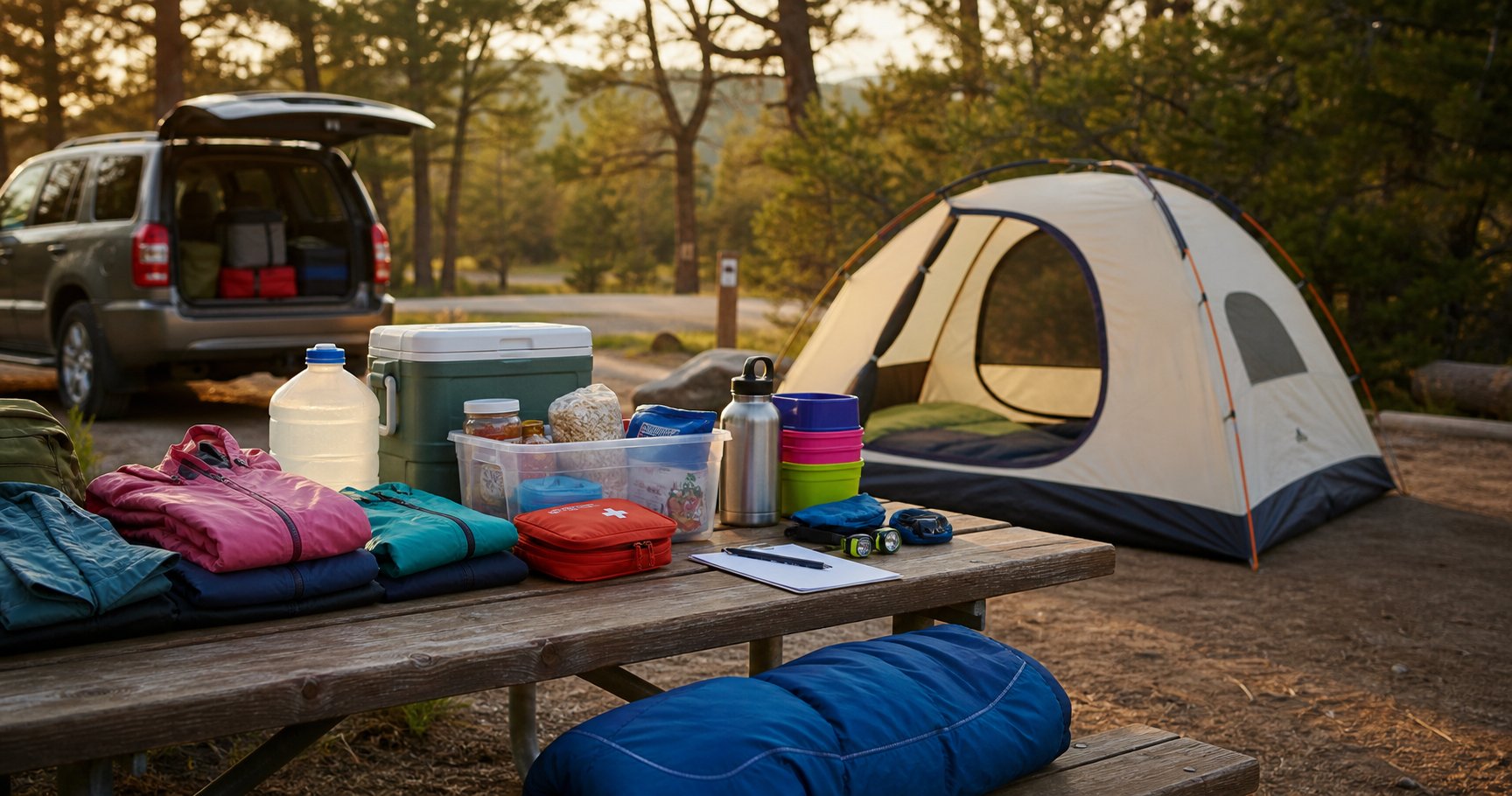 Organized family camping gear on a picnic table beside a tent at a developed campground