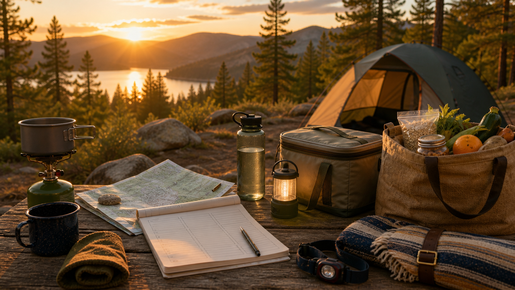 Budget camping gear, cooler, map and blank planning worksheet on a campsite table at golden hour