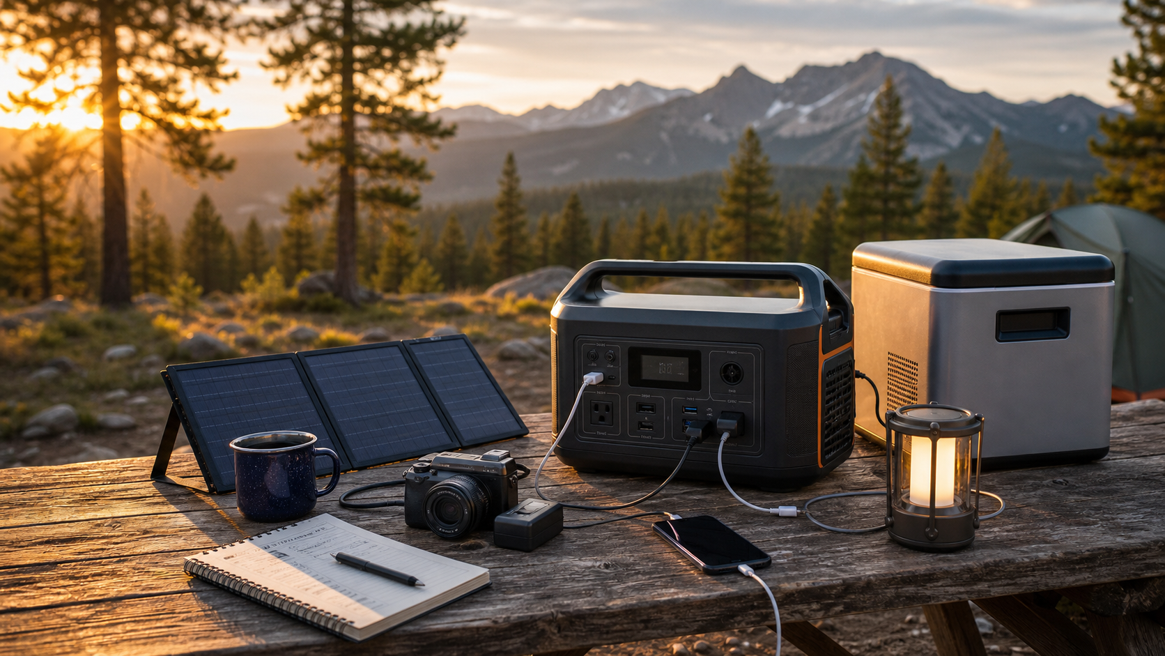 Portable power station, solar panel, camping fridge and lantern on a campsite table at golden hour