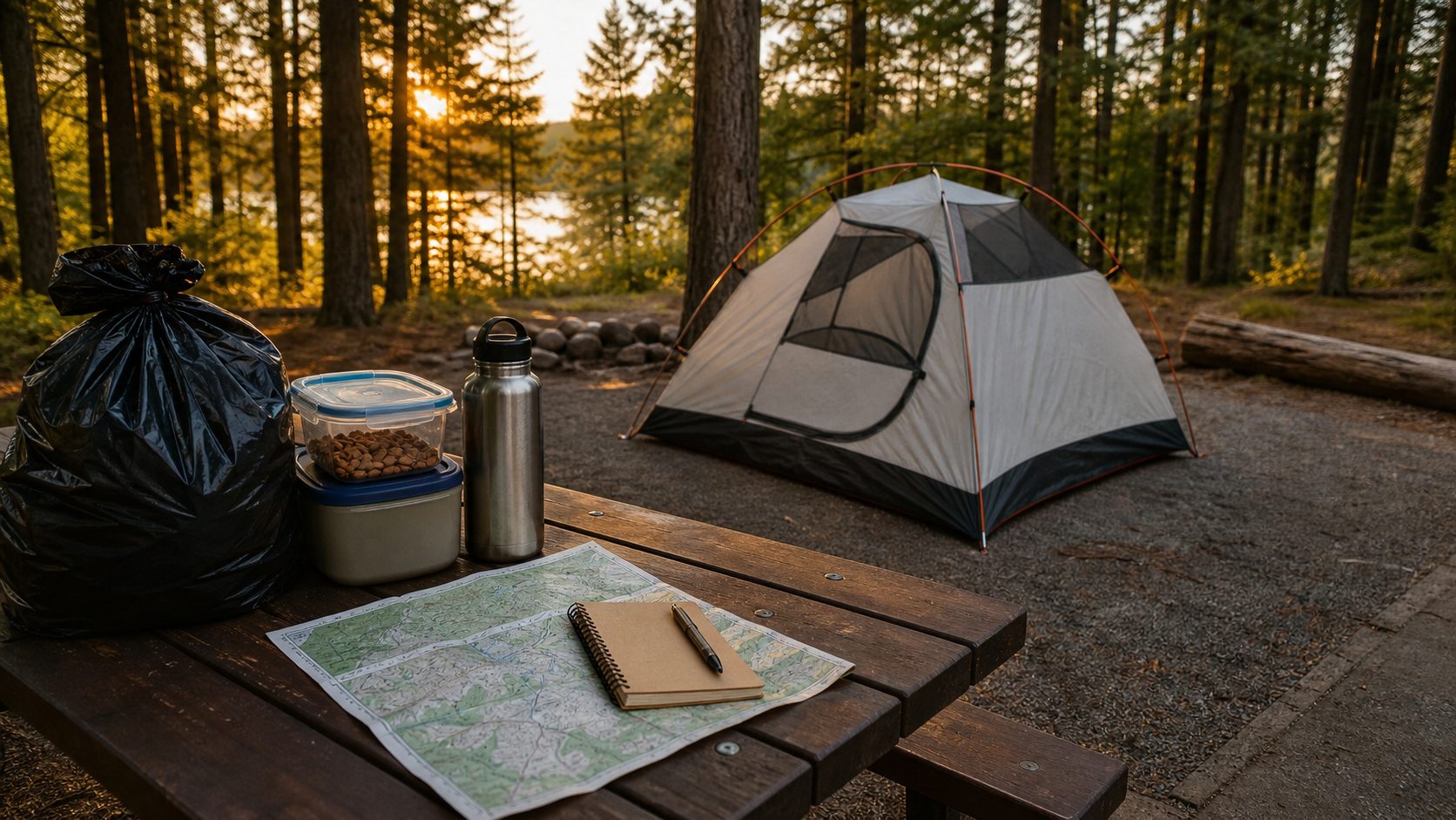 Clean campground campsite with tent, packed trash bag, food containers, map and notebook on a picnic table