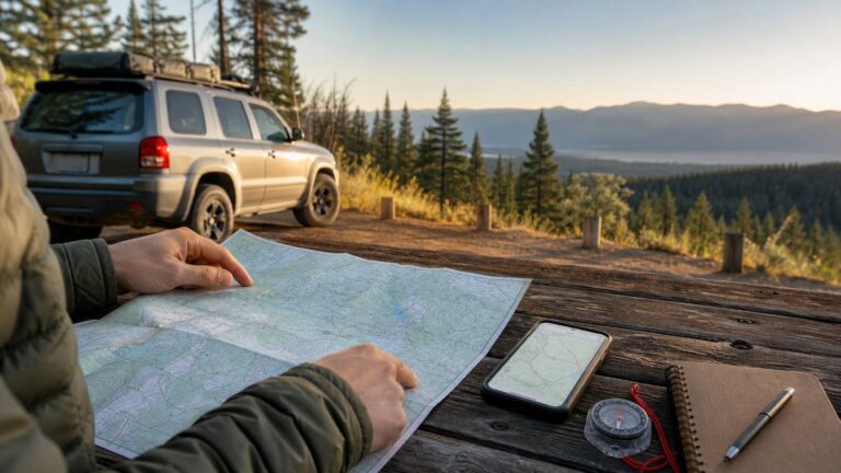 Camper planning an offline navigation route with a map and phone beside a vehicle