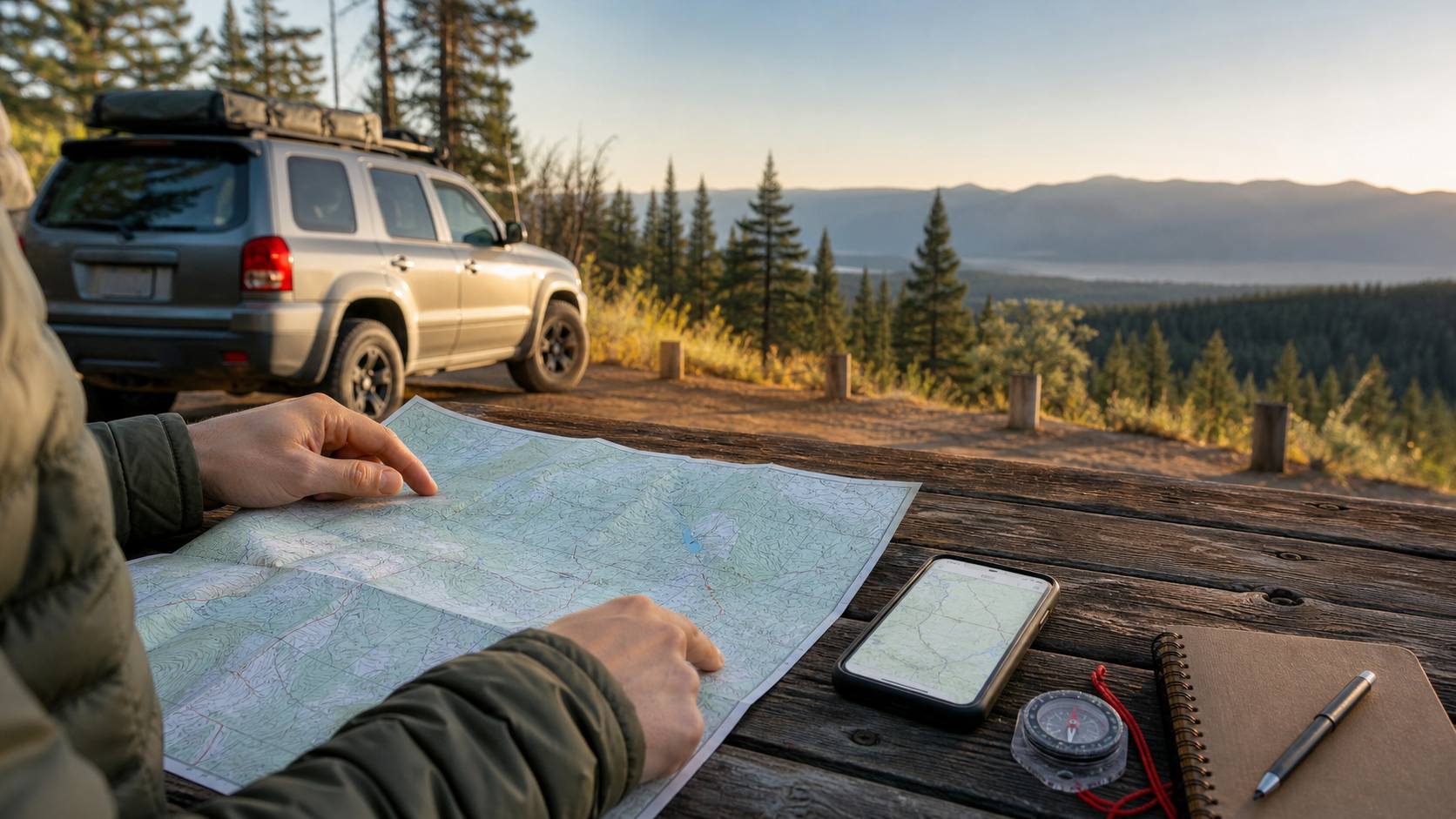 Camper planning an offline navigation route with a map and phone beside a vehicle
