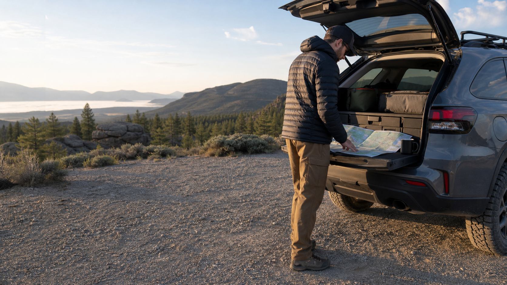 Traveler reviewing a public-land overlanding route map beside a parked vehicle