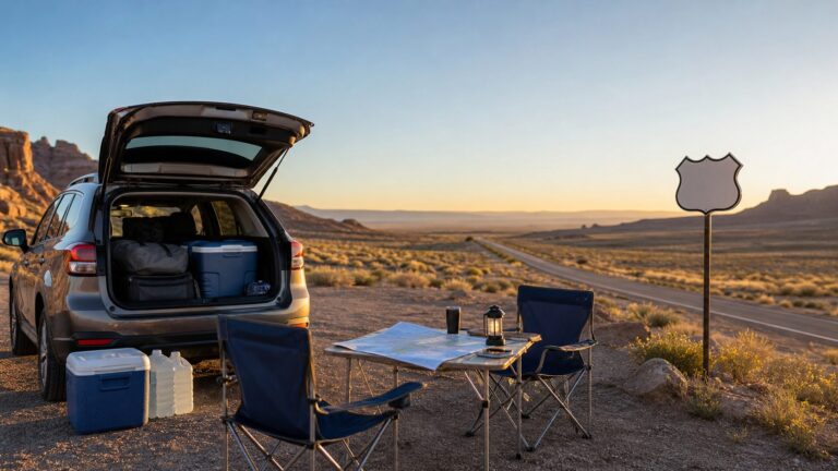 Route 66-style desert road trip campsite with a vehicle, chairs, map, cooler and water jugs at golden hour