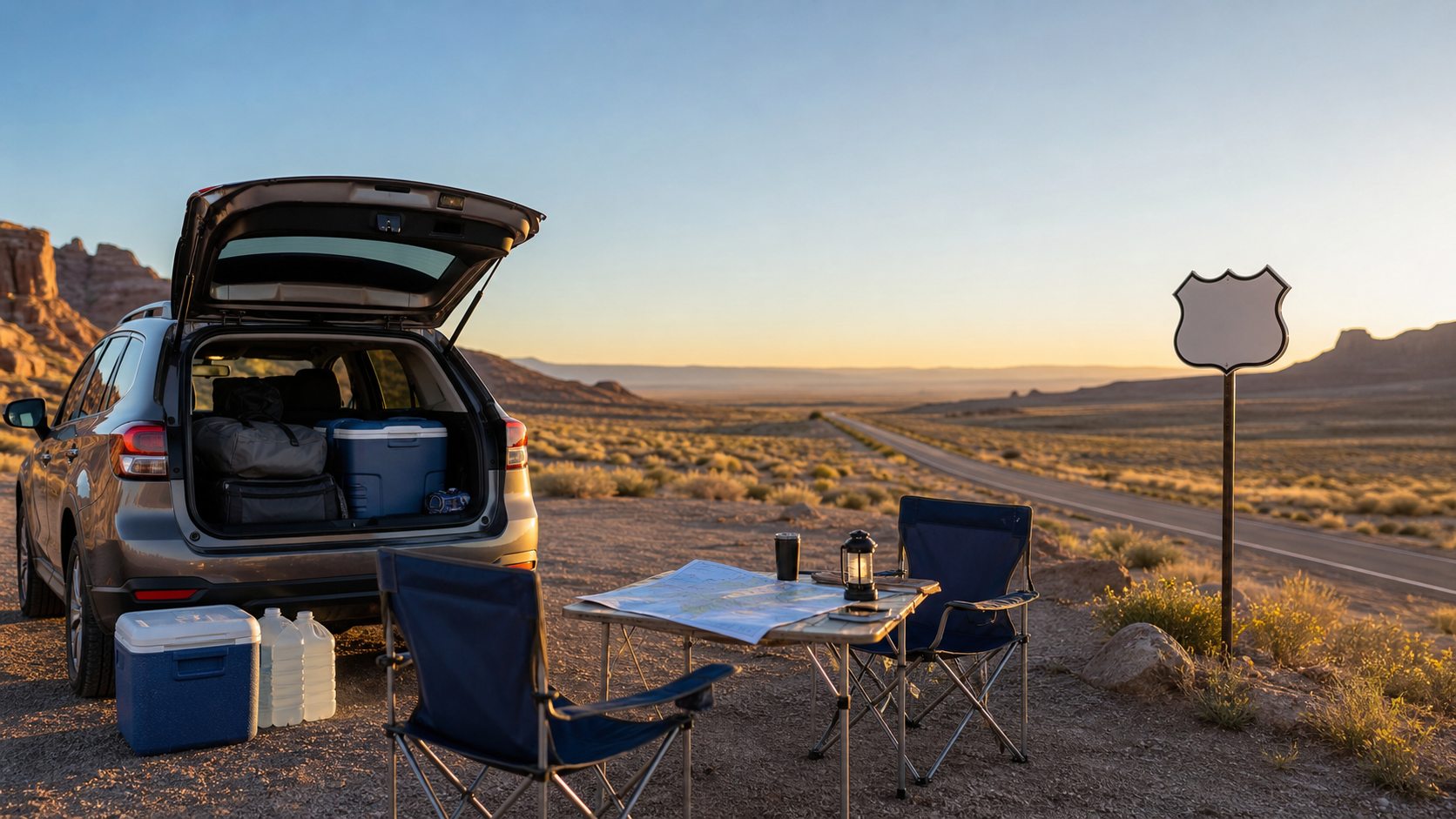 Route 66-style desert road trip campsite with a vehicle, chairs, map, cooler and water jugs at golden hour
