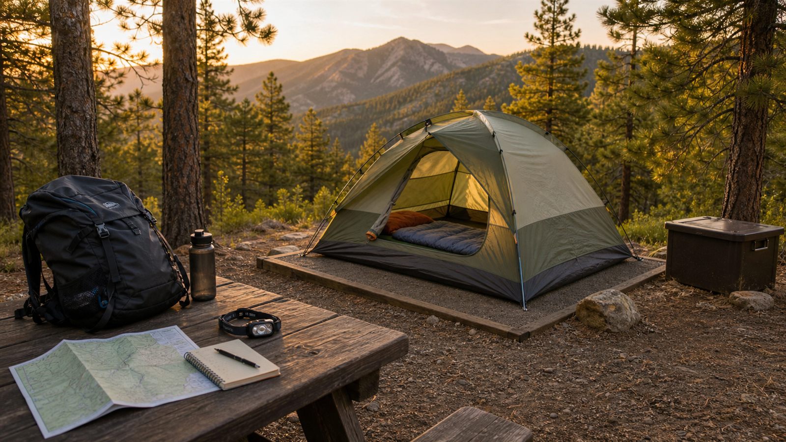 Tidy solo campsite with a small tent, map, checklist, headlamp and closed food storage bin at an established forest campground