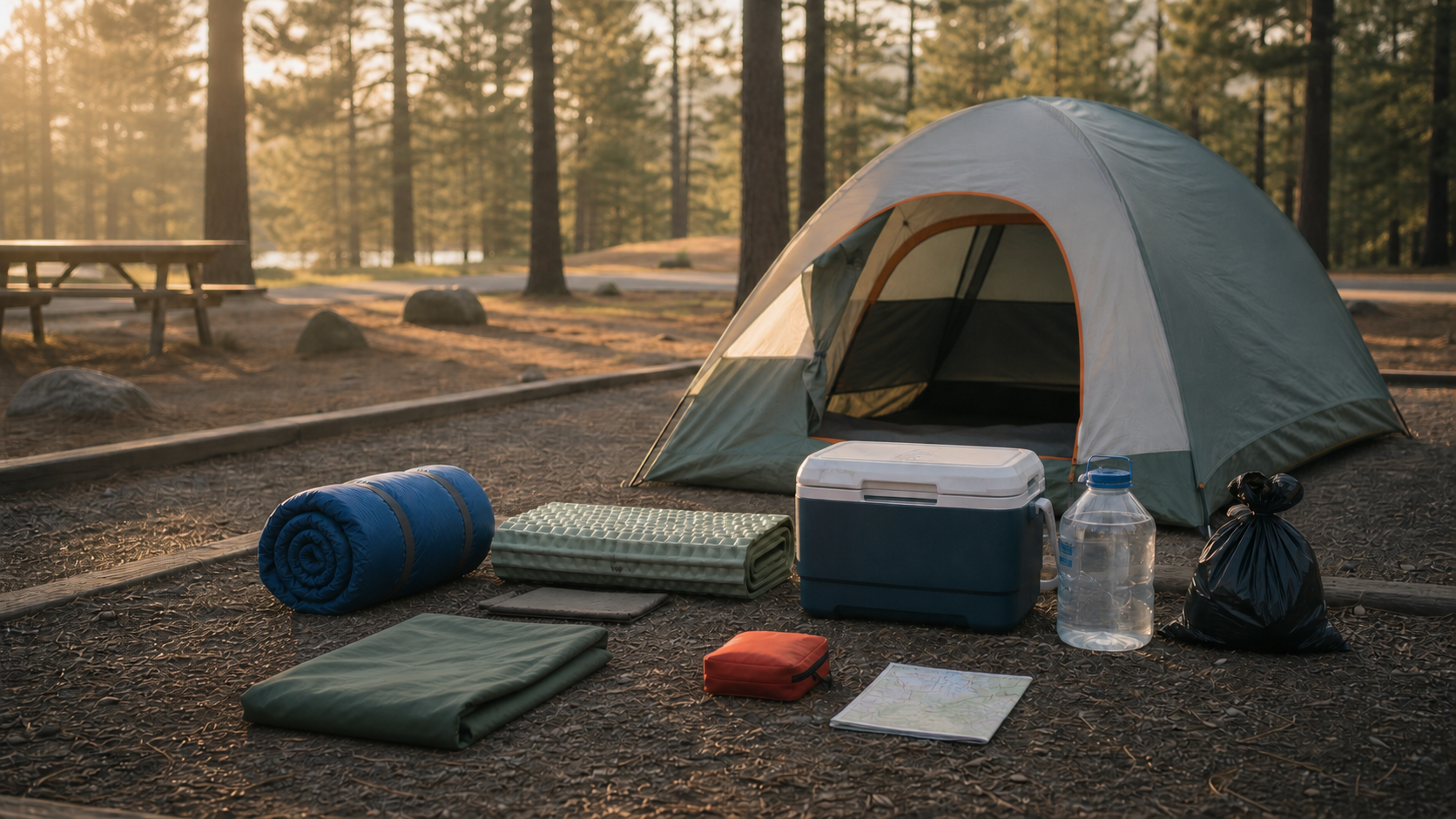Weekend camping gear organized beside a tent at a developed campground