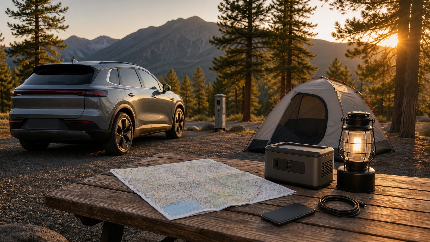 Electric vehicle camping road trip setup with map and portable power station at a developed campsite