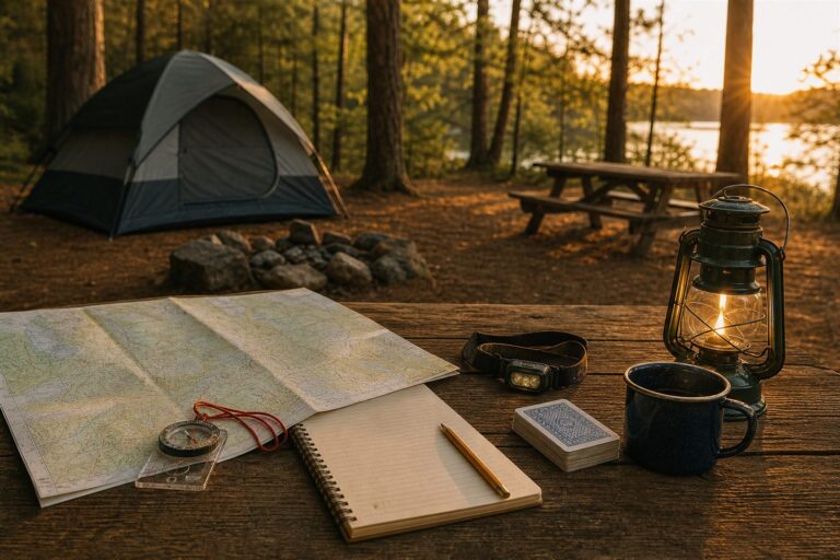 Paper map, checklist notebook, compass and lantern on a campsite table for an analog camping weekend