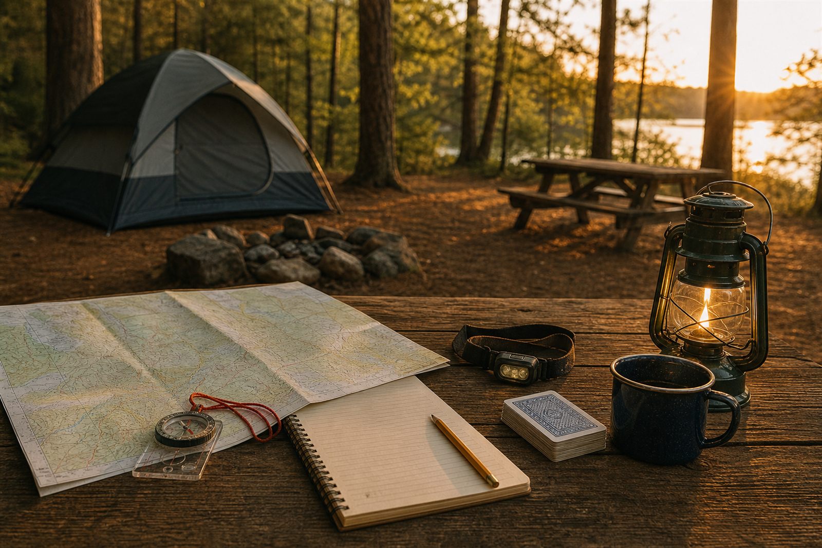 Paper map, checklist notebook, compass and lantern on a campsite table for an analog camping weekend