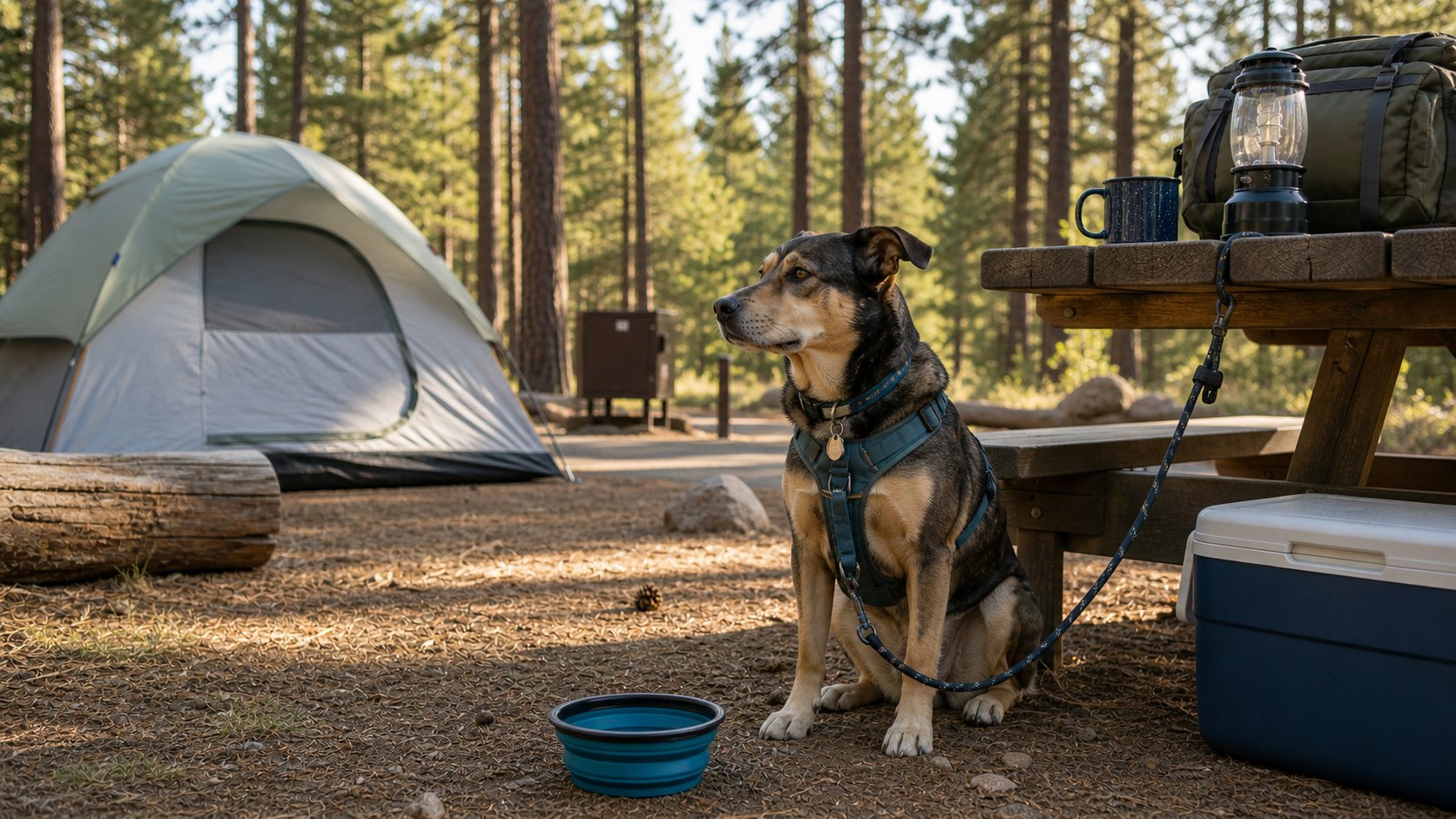 Leashed dog at a developed forest campsite with a tent, water bowl, cooler and camping gear