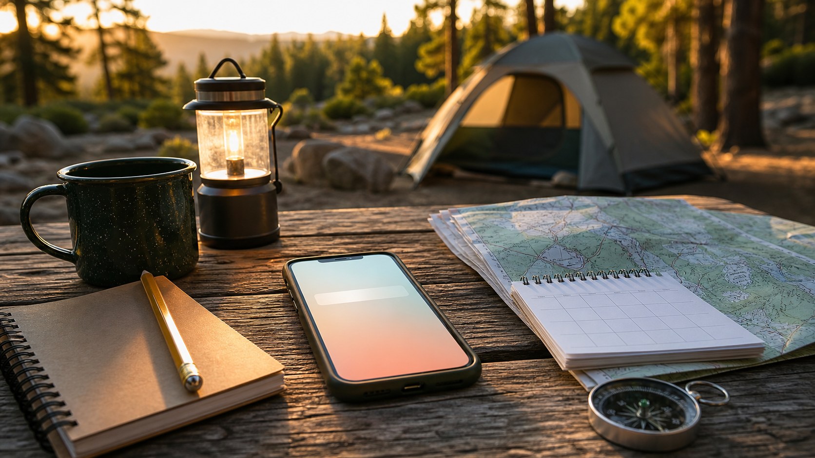 Phone, map and blank calendar notebook on a campsite table for booking campground cancellation alerts