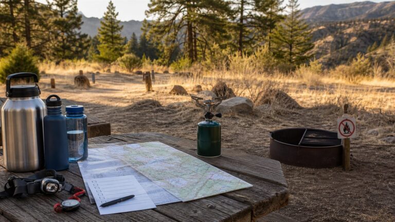 Water bottles, map, checklist and camp stove beside an empty campground fire ring