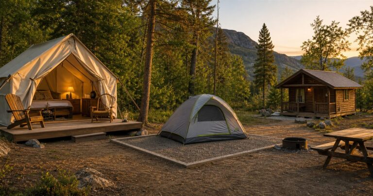 Glamping tent, simple camping tent and small cabin at a wooded campground