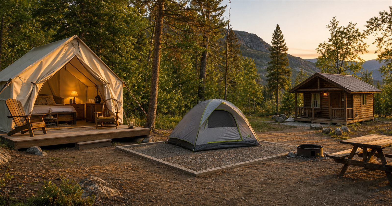 Glamping tent, simple camping tent and small cabin at a wooded campground