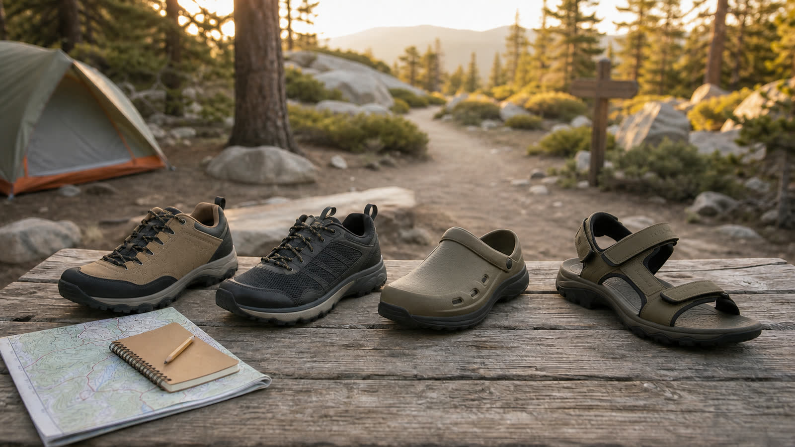 Hiking shoe, trail runner, camp shoe and hiking sandal on a campground picnic table near a trailhead