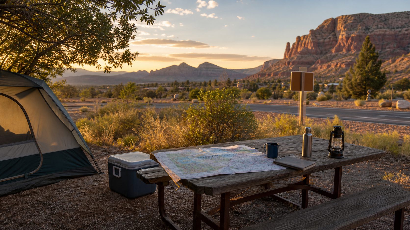 Tent, cooler and paper map at a campsite outside a national park at golden hour
