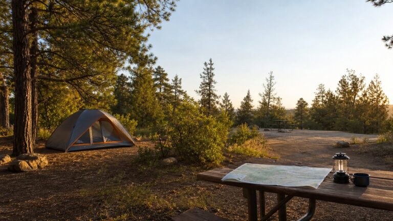 Quiet campground campsite with a tent, picnic table, map and lantern at golden hour