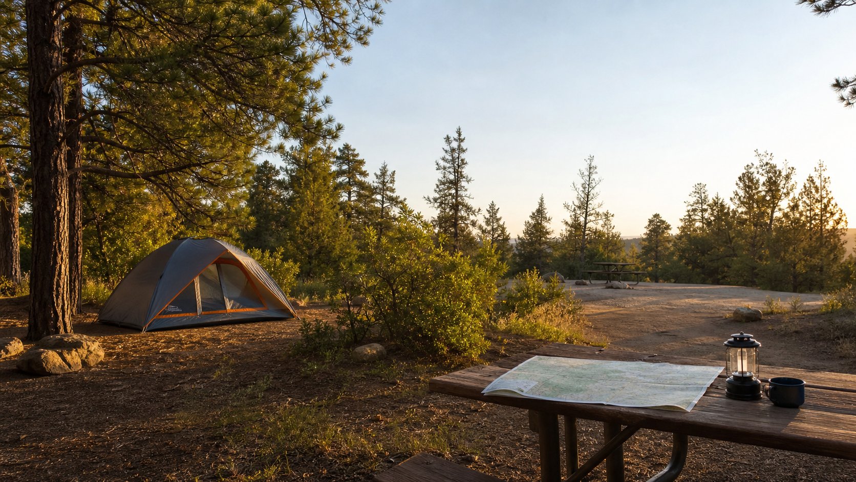 Quiet campground campsite with a tent, picnic table, map and lantern at golden hour