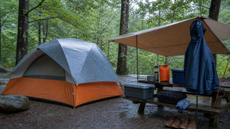 Rainy forest campsite with a tent, tarp shelter, waterproof storage bins, rain jacket and boots