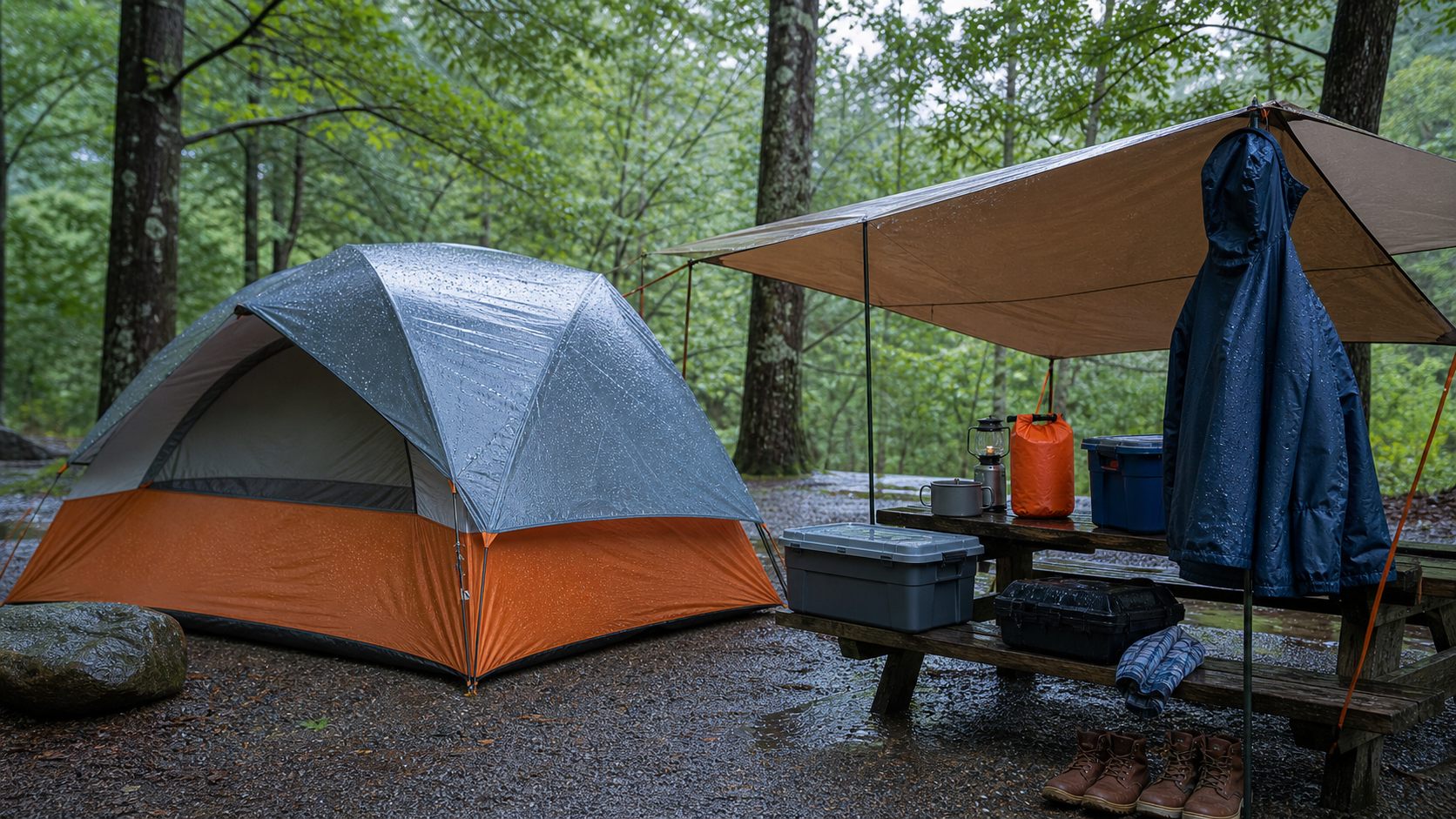 Rainy forest campsite with a tent, tarp shelter, waterproof storage bins, rain jacket and boots