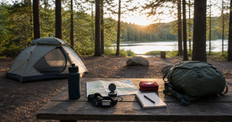 Organized solo camping safety planning gear on a picnic table beside a tent