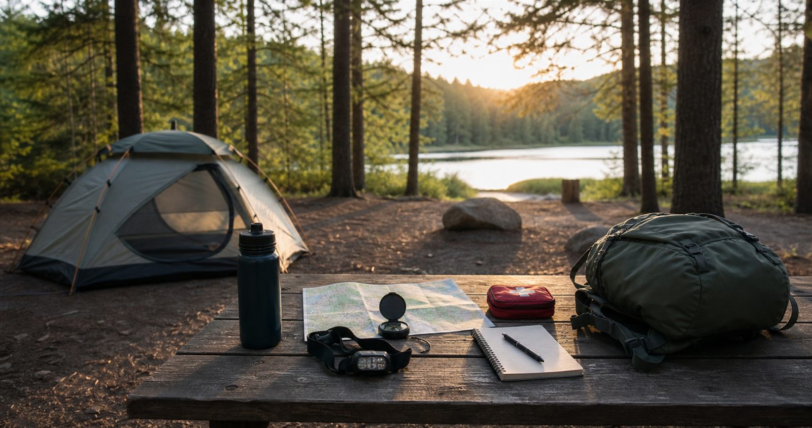 Organized solo camping safety planning gear on a picnic table beside a tent